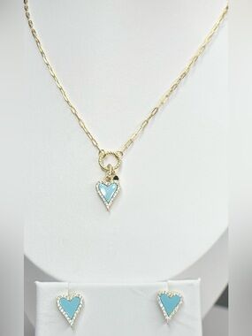 18KGold Turquoise Heart Pendant Necklace and Earring Set (enamel turquoise)